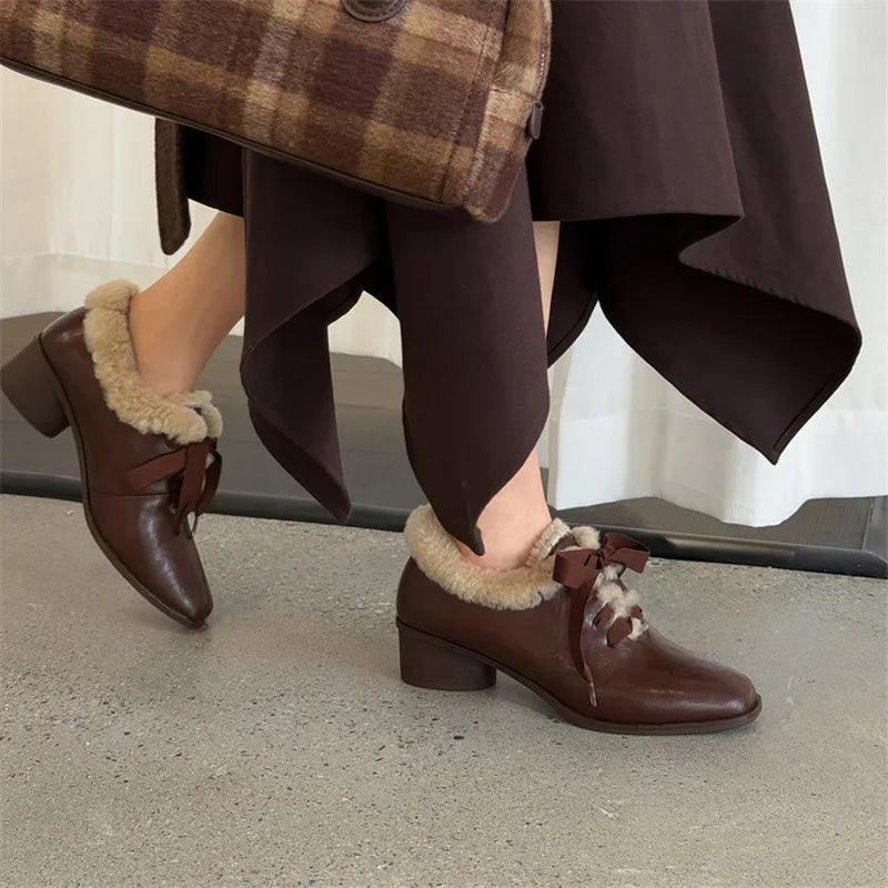 2026 New Autumn Winter Split Leather Women Shoes Fashion Retro Square Toe Shoes for Women Handmade Mid Heels Warm Women Pumps