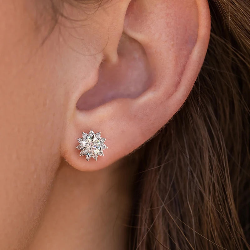 DiamondWorld Sparkling 0.5CT Moissanite Diamond Halo Sun Flower Stud Earrings for Women 925 Sterling Silver Party Fine Jewelry