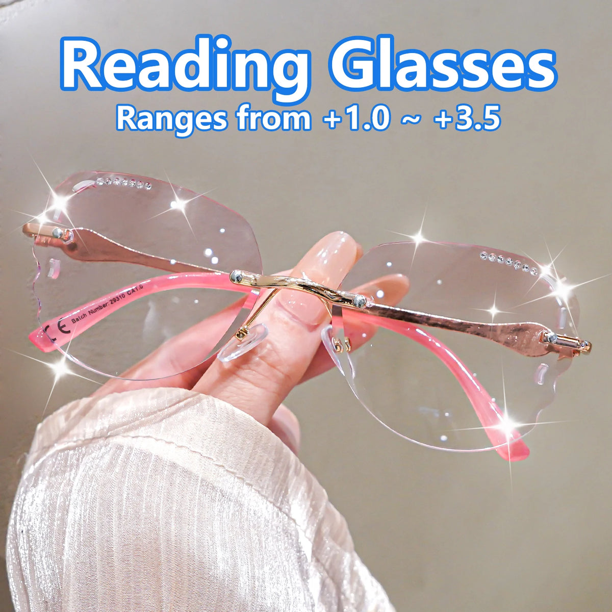 Rimless Reading Glasses Rhinestone Sparkling Eyewear Fashionable Elegant Eyeglasses Metal Frame with PC Lens Irregular Glasses