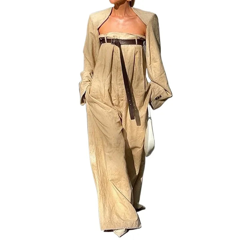 Freeacy Women's Stylish Jumpsuit Set Collarless Long Sleeve Outerwear and Strapless Wide Leg Jumpsuits Summer Loose Fit Suit