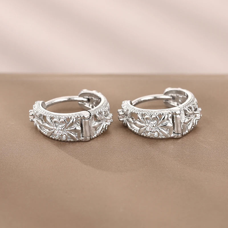 HuitanTrendy Women Hoop Earrings Hollow Out Design Wedding Party Elegant Jewelry Silver Color/Gold Color Inlaid CZ Accessories