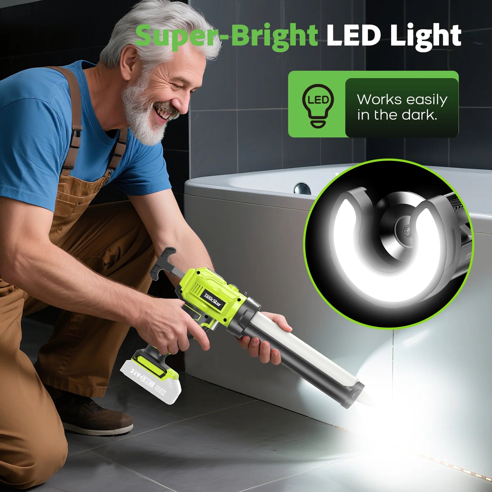 Taskstar Electric Caulking Gun No Drip with 1*2.0Ah Battery 250KG 10OZ Dripless Cordless Battery Powered Tool with LED Light for Filling and Sealing For Makita Battery