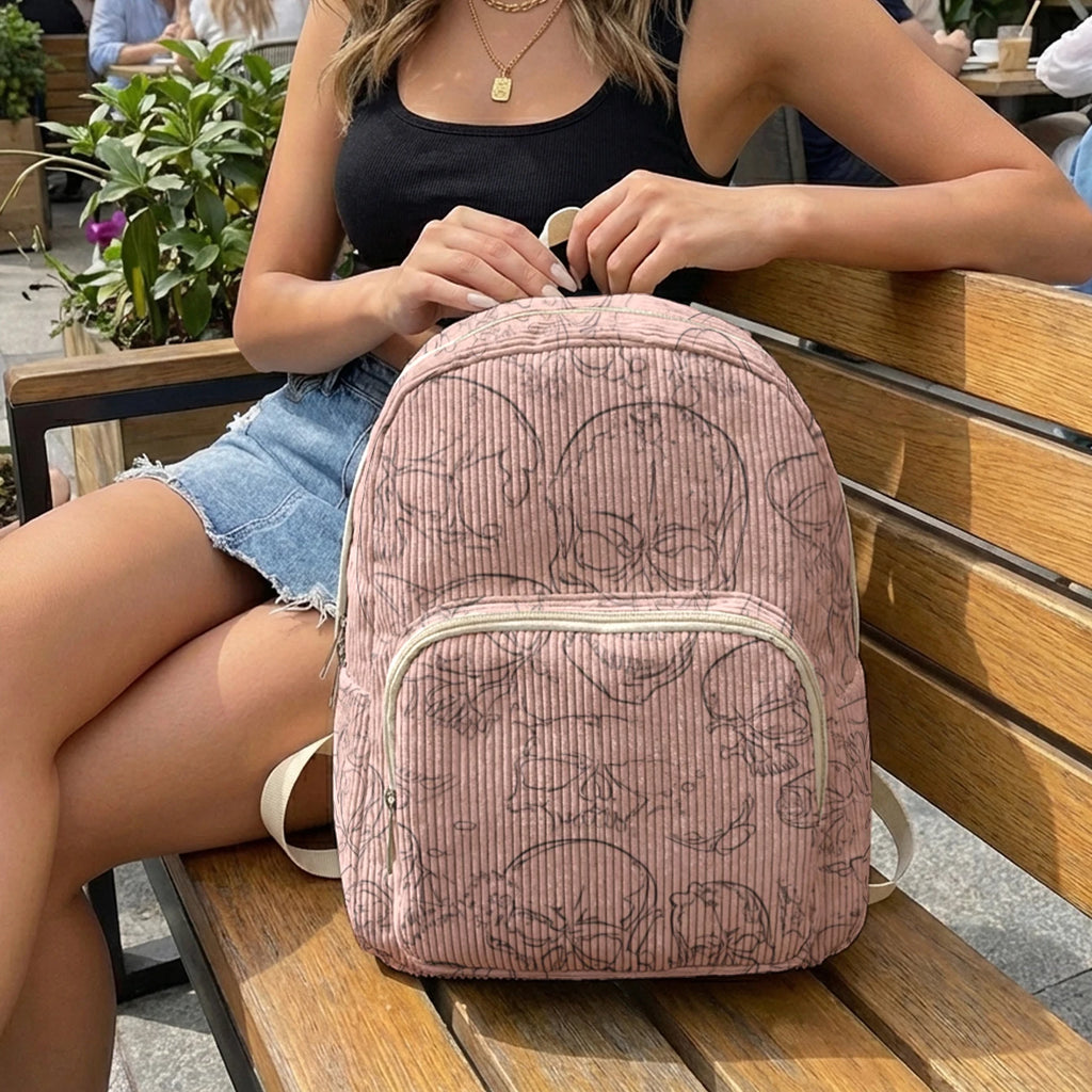Gothic Skull Allover Print Women Fashion Backpack Corduroy Multi-pocket Large Capacity Commuter Bag