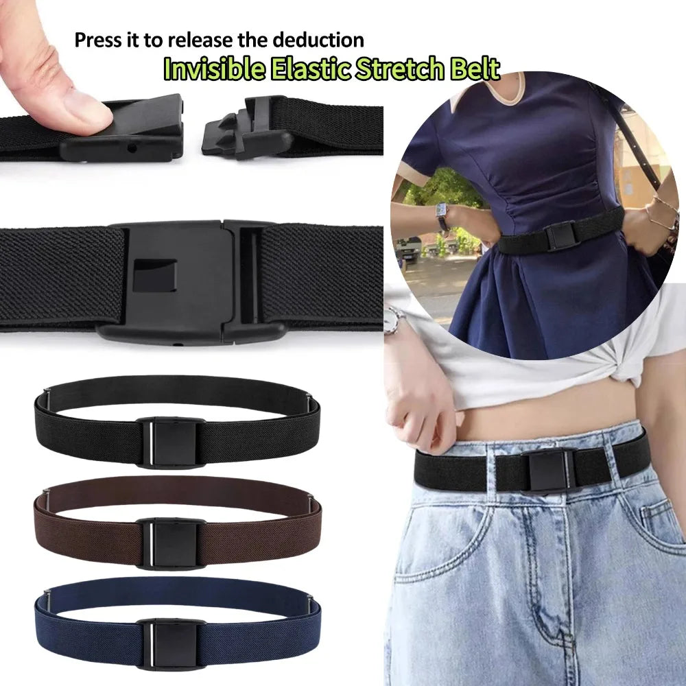 Unisex Stretch Belt Invisible Elastic Waistband No Show Flat Buckle for Jeans Pants Dresses Men Women Adjustable Comfort Belt