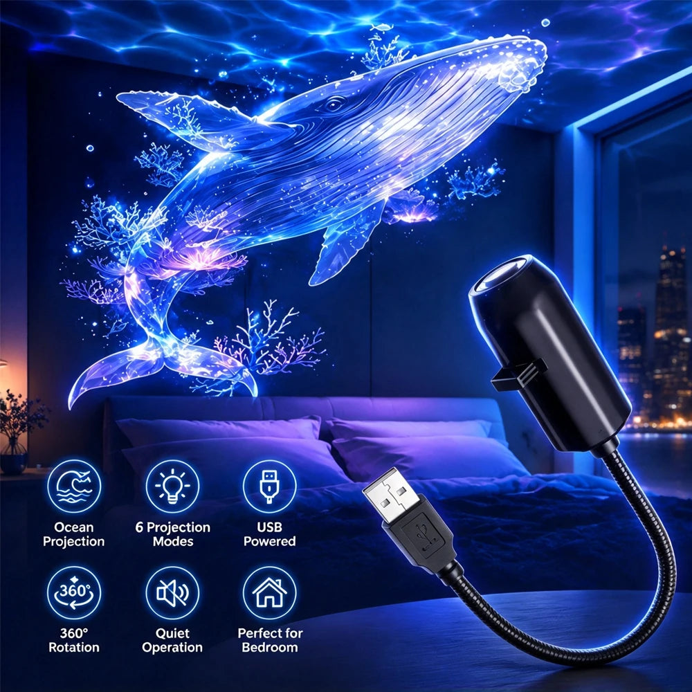 Ocean-Themed Projector Lamp, USB Powered, Creates a Romantic Deep-Sea Scene, Perfect as a Bedside Nightlight for Ambiance.