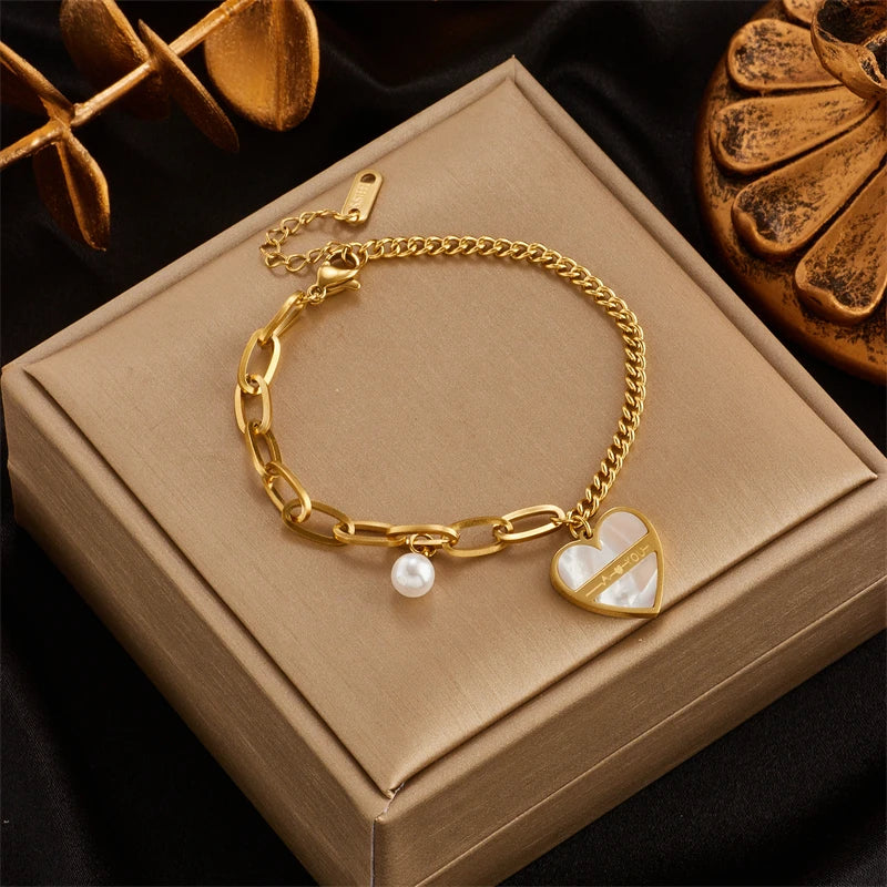 DIEYURO 316L Stainless Steel Gold Color Heart Butterfly Thick Bracelet For Women High Quality Girls Wrist Jewelry Party Gifts