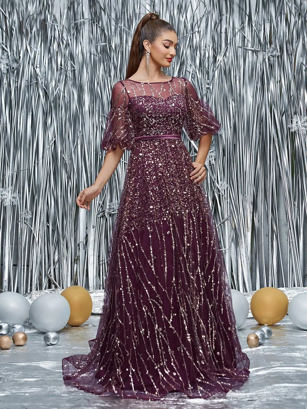Mgiacy Round-neck semi-transparent sequined balloon sleeves long dress with wide skirt