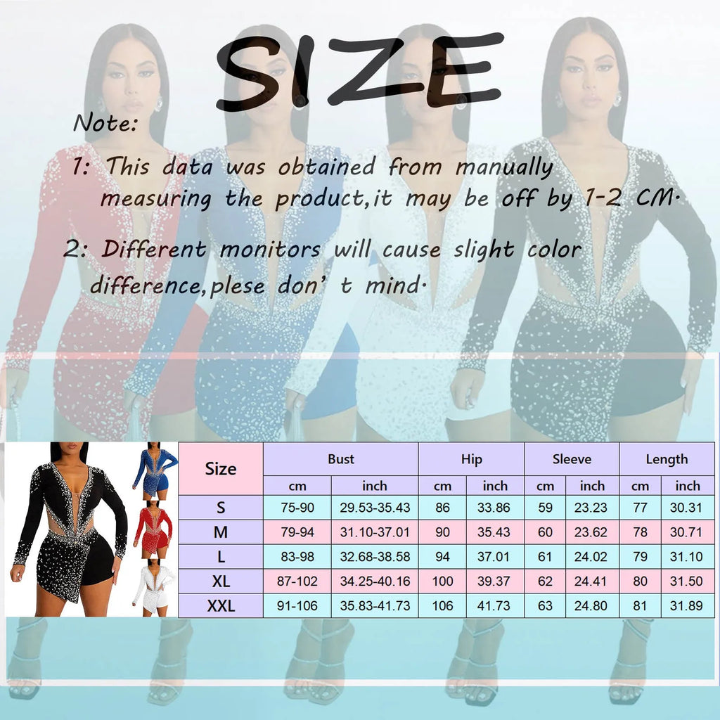 Women Glitter Rhinestone Sequins Formal Romper Clubwear Party Long Sleeve Deep V-Neck Mesh Sexy Playsuit One-Piece Jumpsuit