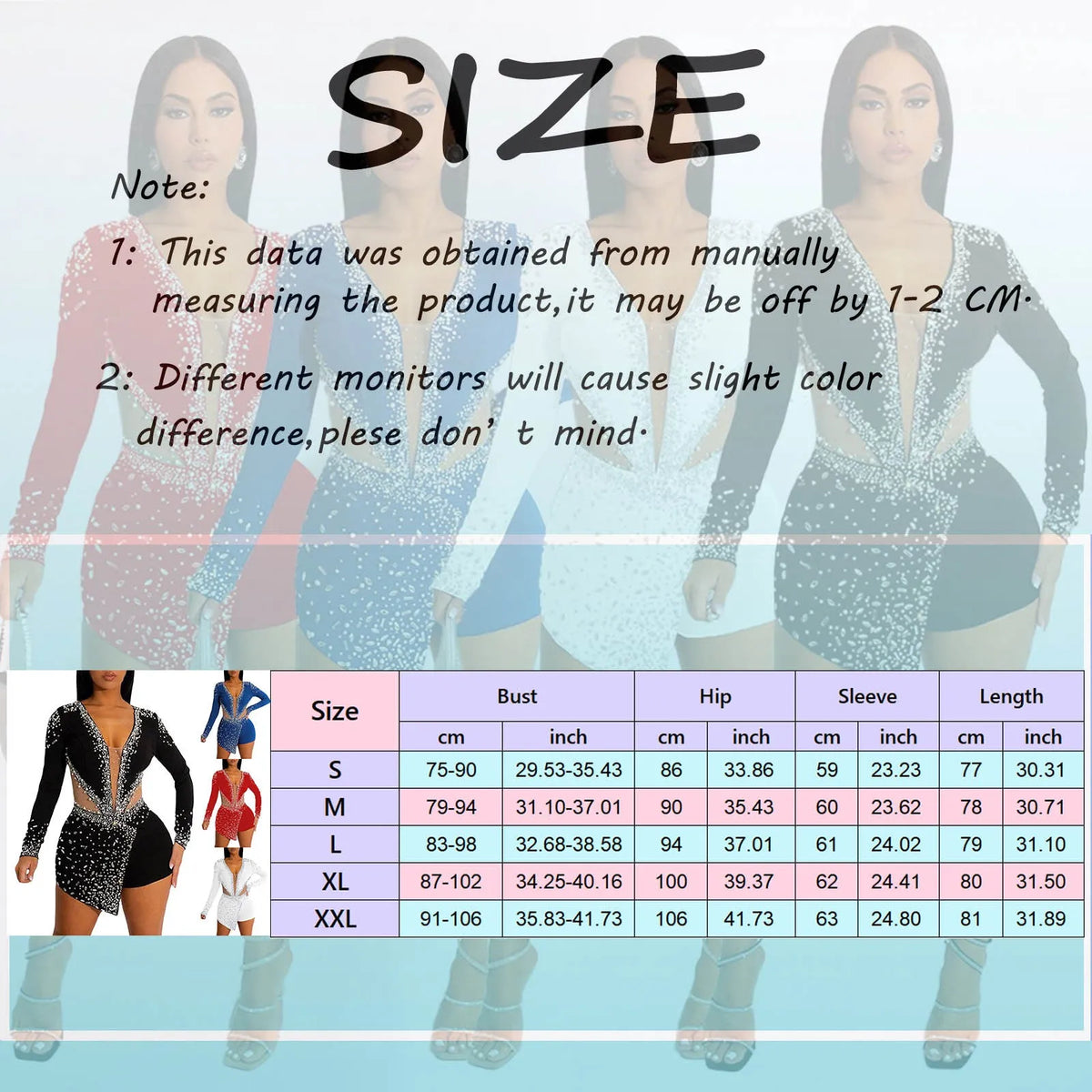 Women Glitter Rhinestone Sequins Formal Romper Clubwear Party Long Sleeve Deep V-Neck Mesh Sexy Playsuit One-Piece Jumpsuit