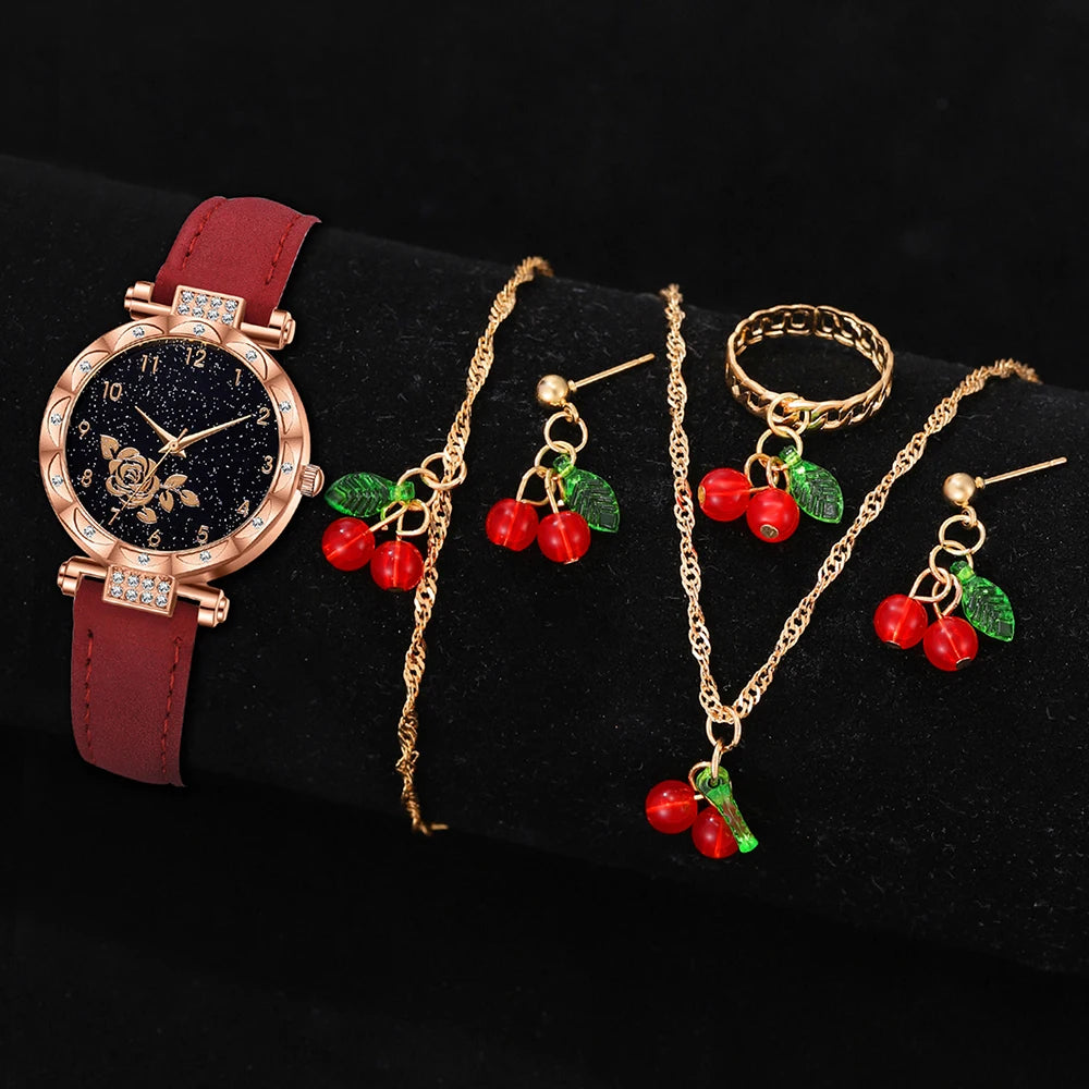 5/6 PCS/Set Red Women's Watch With Minimalist Elements Dial Quartz Watch Latex Strap Cherry Elements Jewelry Set Girl's Gift