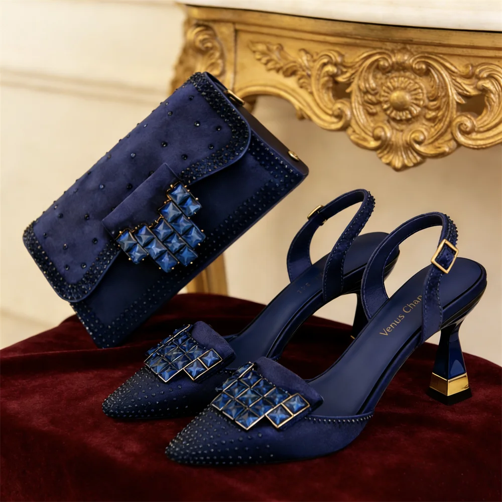 Stylish Orange Rhinestone High Heel Shoes & Matching Handbag - Elegant Pointed-Toe Footwear for Women, Ideal for Parties