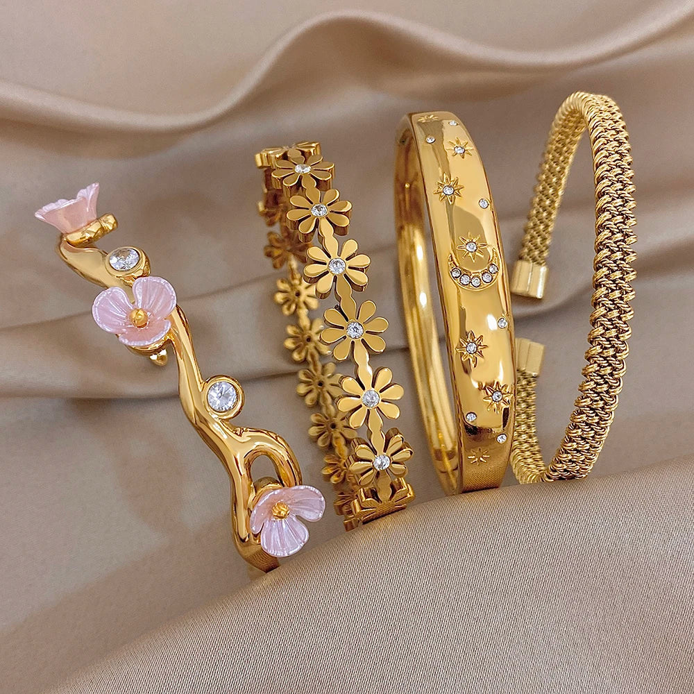 Delicate Zircon Flower Cuff Bangle Bracelets for Women Glossy Gold Plated Stainless Steel Wristband Bracelet Waterproof Jewelry