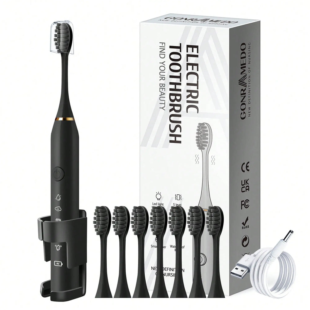 1PC Electric Toothbrush With 8 Replaceable Toothbrush Heads, A Wall-Mounted Bracket And A Dust Cover, USB Charging, 5-Speed Intelligent Cleaning Mode, Toothbrush Body, 7-Level Waterproof, Personal Oral Care Equipment Power To