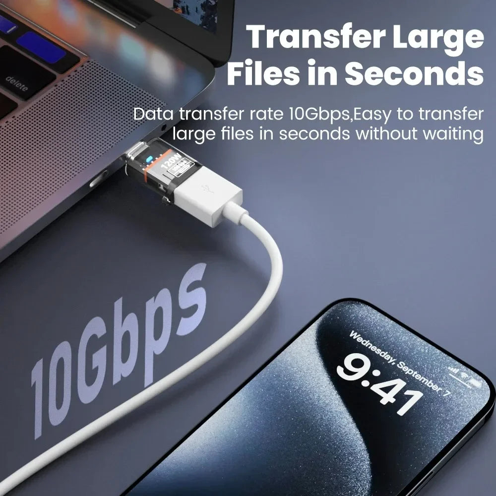 120W USB 3.2 to Type C OTG Adapter Fast Charging 10Gbps Data Audio Transfer For MacBook iPad iPhone 15 16 17 Huawei Xiaomi PC