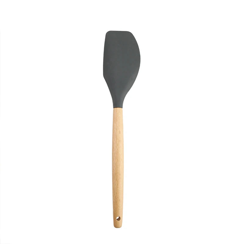 High Temperature Resistant Silicone Kitchenware Set Wooden Handle Shovel Leaky Spoon Tool Cooking Utensil Baking Accessories