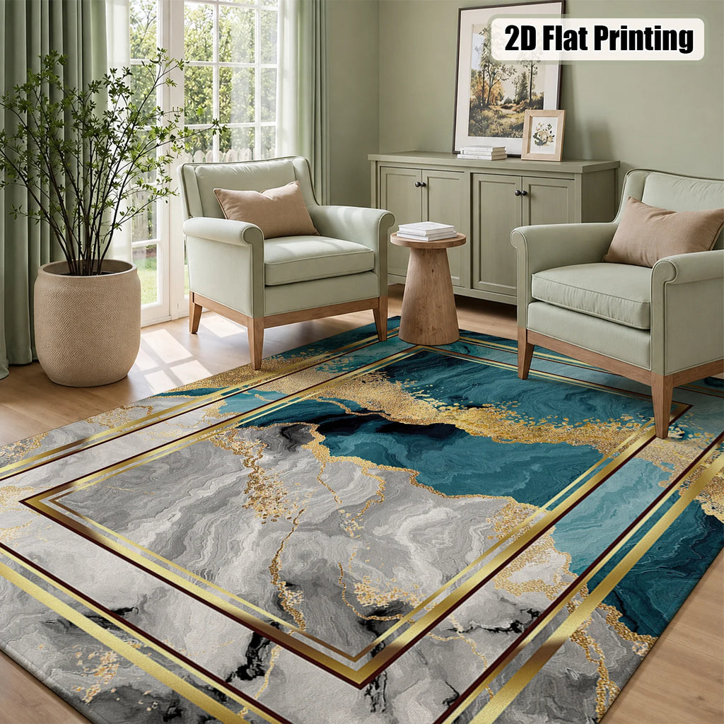 Large Indoor Area Rug, Soft Velvet Low Pile with Non-Slip Dotted Backing, Machine Washable, Teal Gold Marble Abstract Modern Floor Rug for Living Room Bedroom Entryway Home Decor