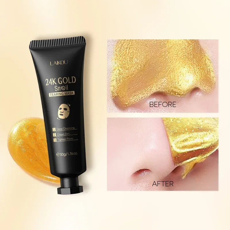 Laikou 24K Gold Snail Peel Off Mask Powerful Pore Cleaner Blackhead & Dirt Remover Detoxifying Facial Shining Skin Care 50g
