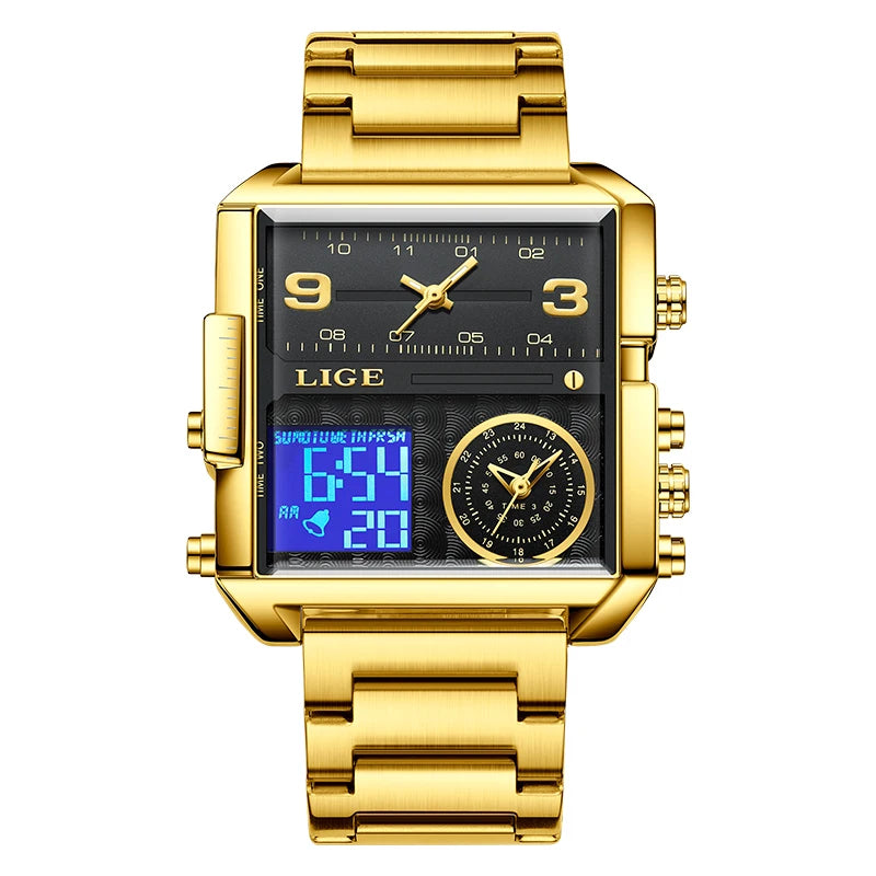 LIGE New Top Brand Luxury Fashion Men Watches Gold Steel Sports Square Digital Analog Big Quartz Watch for Man relogio masculino