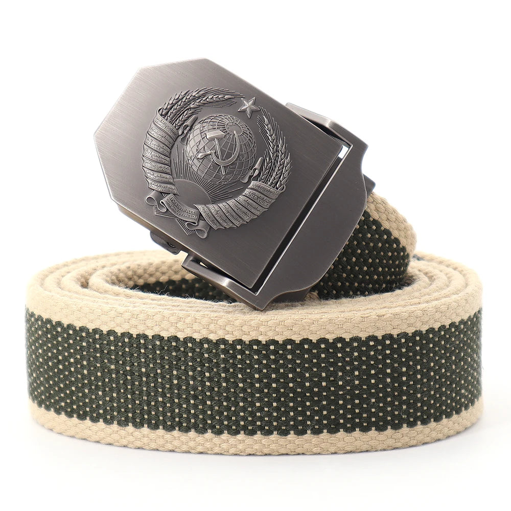 Mens Canvas Outdoor Tactical Army Belt 3D Soviet National Emblem Metal Buckle Unisex Jeans Belt for Men Military Training Belts
