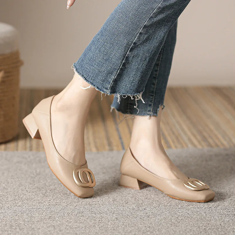 Woman Elegant Square Toe Beige Shoes Lolita Barefoot 4CM High Heel Female Metal Fitting Mary Janes Cute Designer Loafers Shoes
