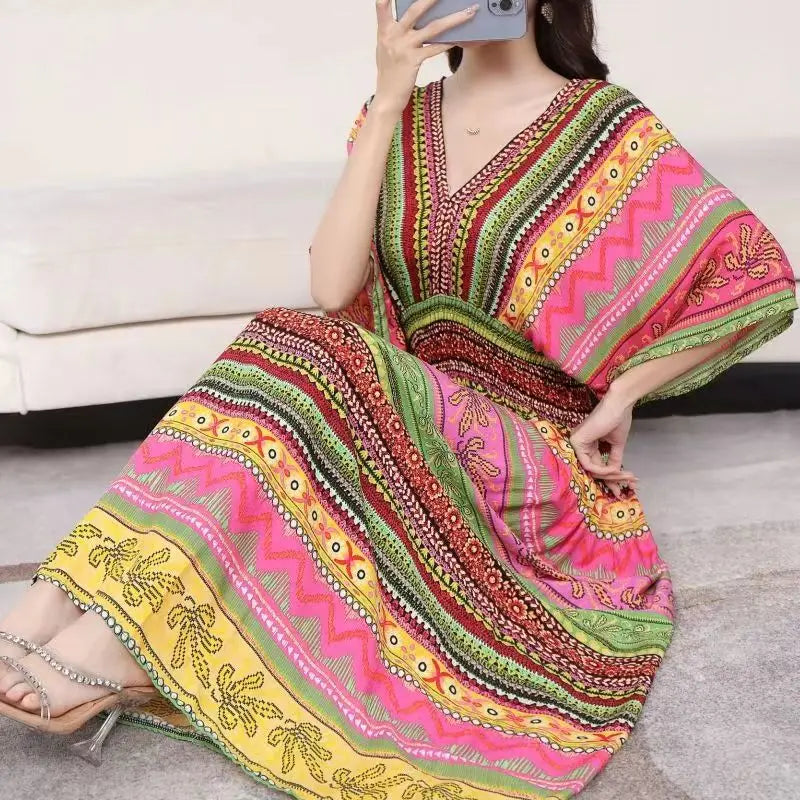 2025 Summer New Casual Elegant Retro Bohemian Style V-neck Elastic Waist Large Swing Printed Long Skirt Autumn Summer Dress