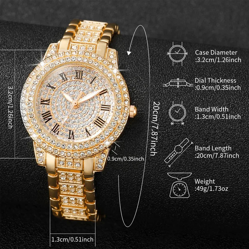 6PCS/Set Fashion Full Diamond Women's Watch Gold Steel Band Quartz Watches Diamond Jewelry Set