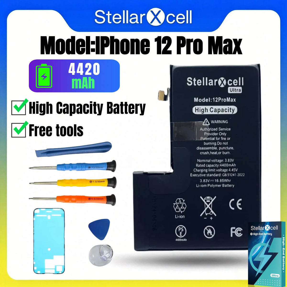 StellarXcell Ultra Original Battery High Capacity Cell for iPhone 7037 TI for 11 12 13 14 15 Pro Plus promax mini with Free Tool