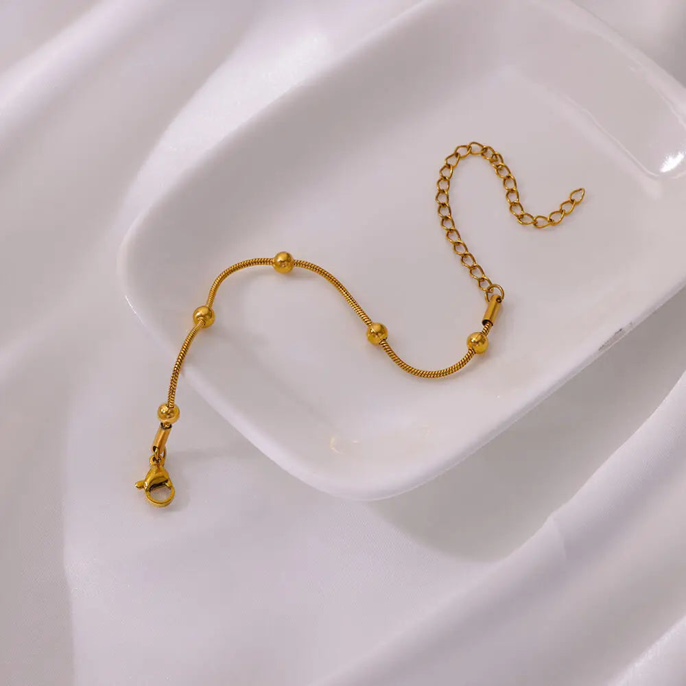 Stainless Steel Beaded Round Snake Chain Bracelets For Women Gold Color Geometric Bracelet Luxury Wedding Party Jewelry Gift