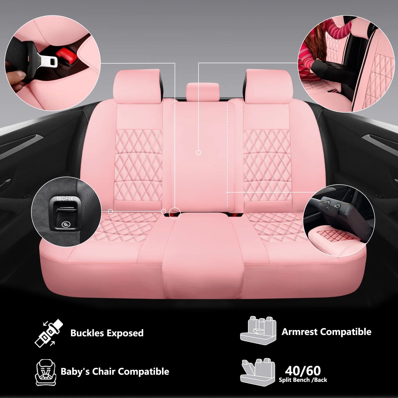 C03-pink Five-Seat Car Seat Covers Universal Full Surround Car Seat Covers Fits 95% of Vehicle Models Car Accessories Driver's seat cover or passenger seat cover all season universal pad