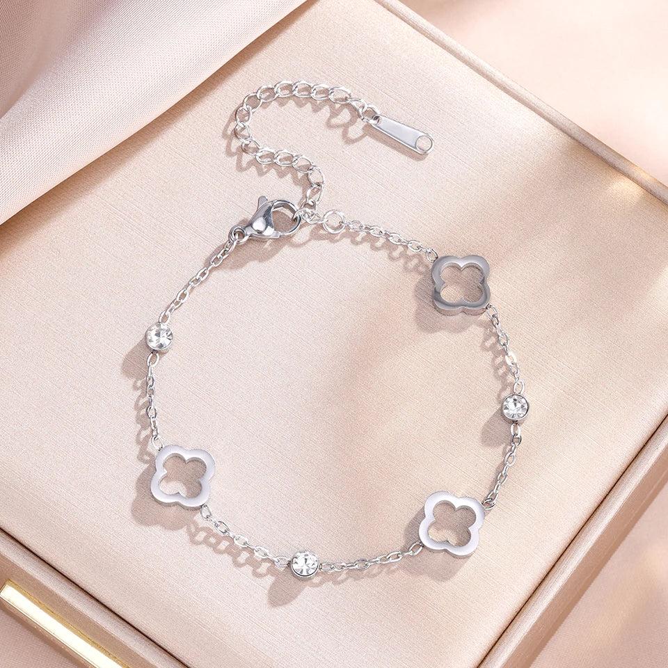 Classic Hollowed-out Four-leaf Flower Zircon Inlaid Stainless Steel Bracelet Trendy Party Clover Jewelry Gift For Women
