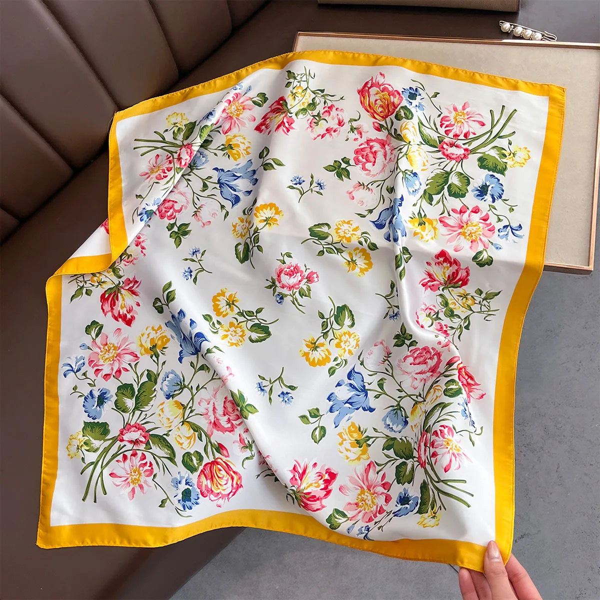 2025 New Yellow Lemon Print Square Silk Scarf for Women 70*70cm Neck Ties Fashion Decorate Neckerchief Female Hijab Bag Ribbions