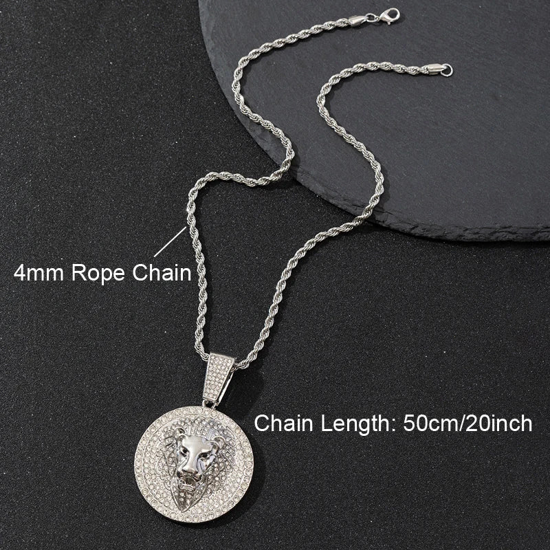 Hip Hop Big Lion Head Pendant Necklace Cuban Chain Necklace For Women Men Iced Out Full Rhinestone Necklace Jewelry Gifts