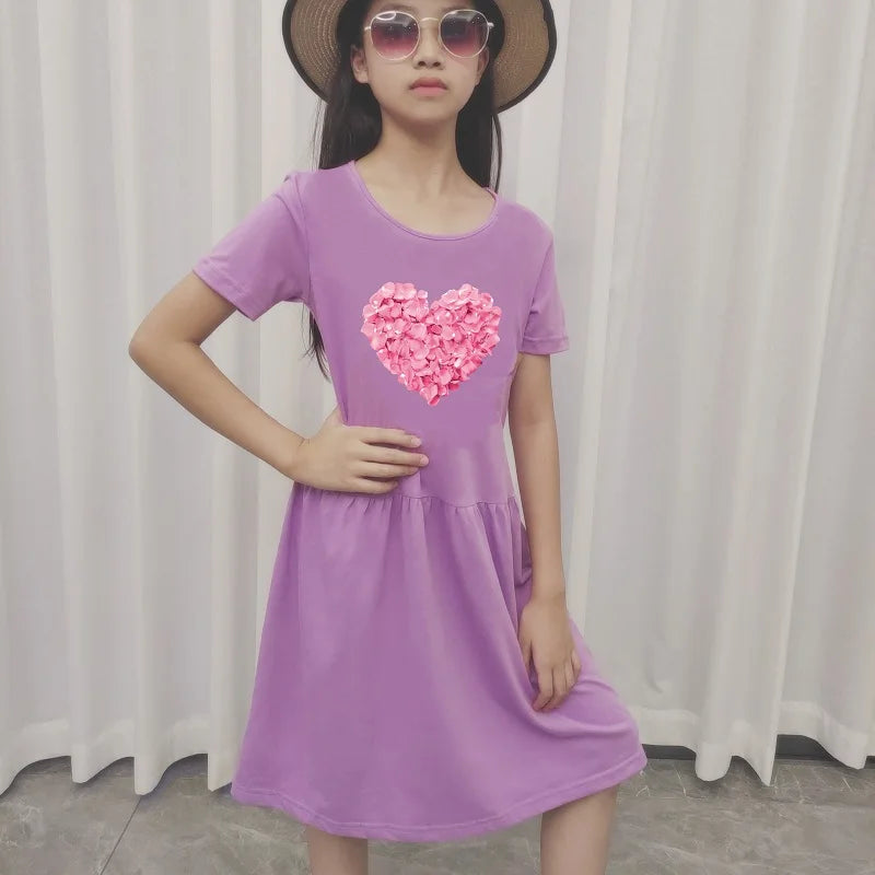 Heart Shape Flower Dress For Girls Summer Fashion Holiday Dress Cotton Short Sleeve Tennis Dresses