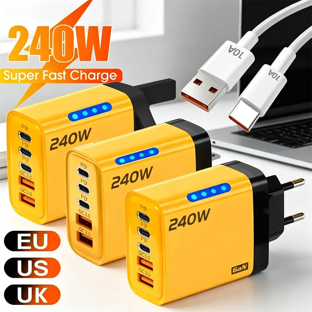 USB Type C 240W GaN Charger Fast Charging PD Quick Charger 3.0 Wall Adapter EU/US Charging Plug For iPhone Xiaomi Samsung Huawei