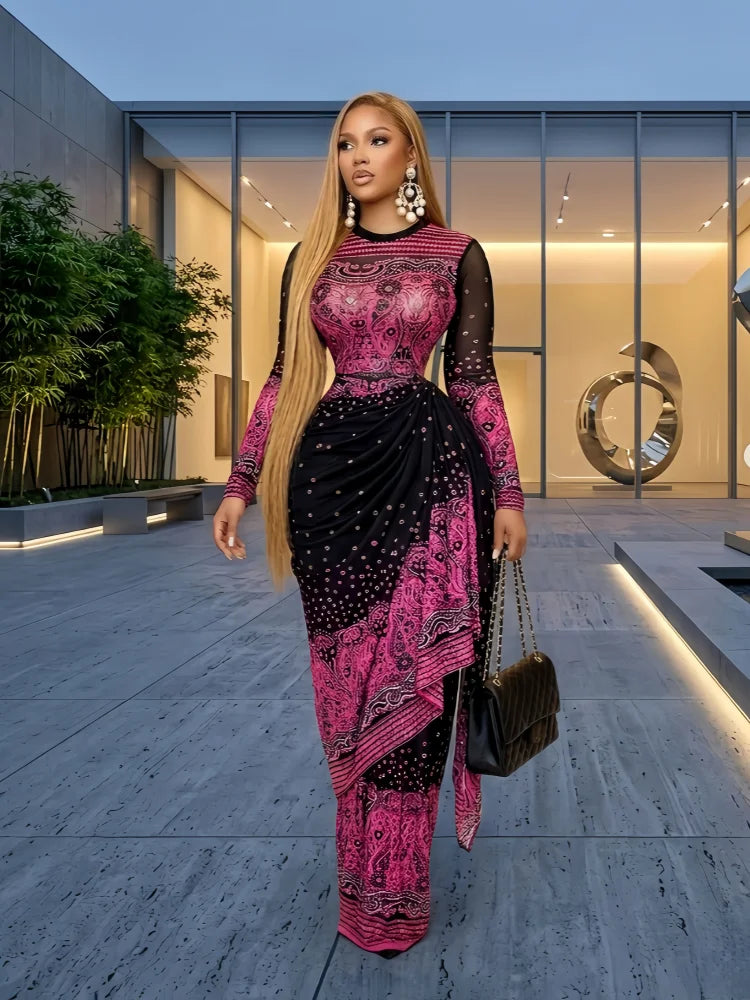 CM.YAYA Women Tie Dye Printed Stacked Ruched Long Sleeve Midi Bodycon Maxi Long Dress Birthday Party Education Trendy Dresses