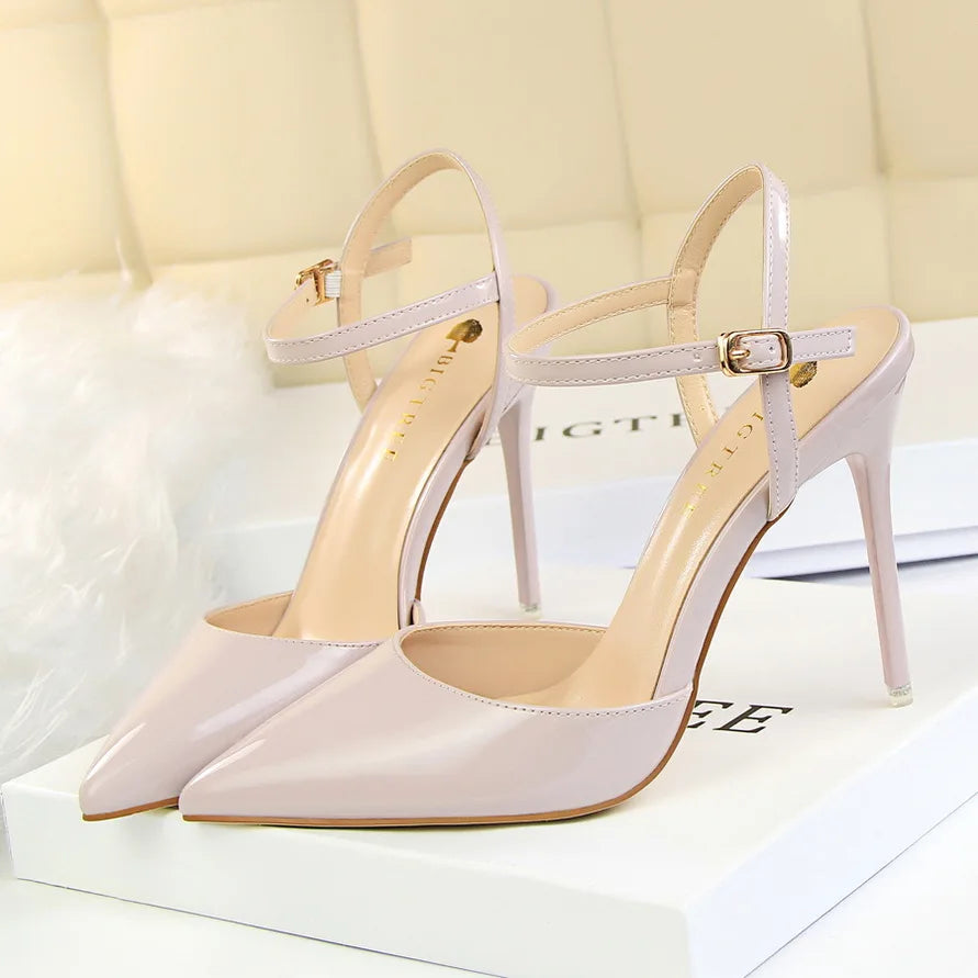 Women 10.5cm High Heels Sandals Lady Metallic Gray Patent Leather Stripper Ankle Strap Sandles Wedding Fetish Nightclub Shoes