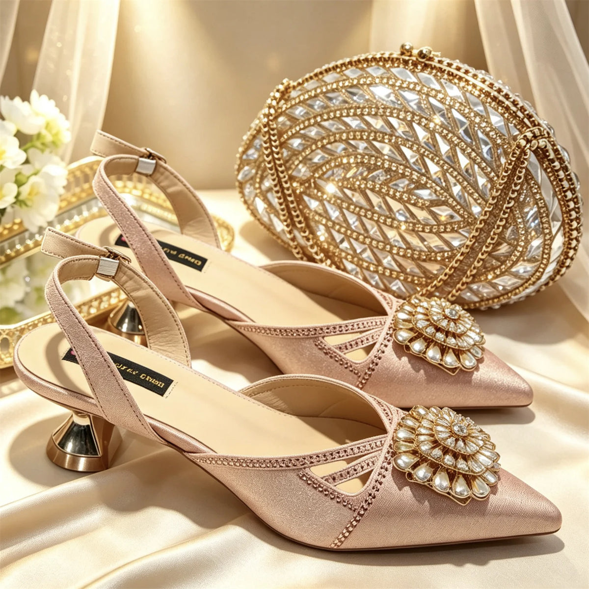 Shimmery Glitter Slingback Women High Heels Fuchsia Shoes and Matching Bag Set Rhinestone Wedding Party Banquet Events
