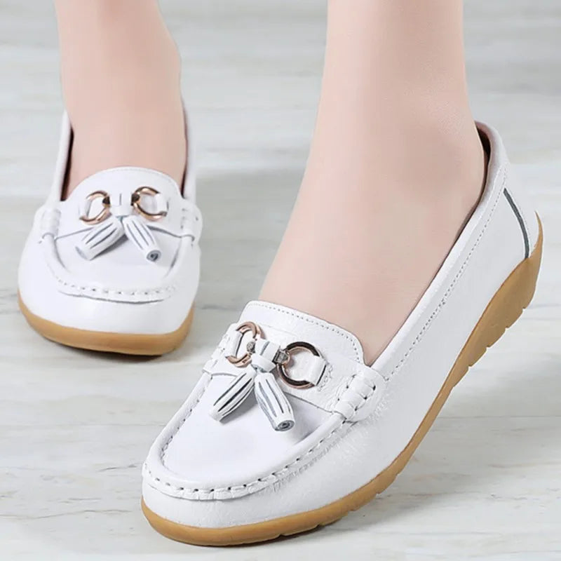 Genuine Leather Women Flats Fashion Casual Women Shoe Moccasins Shoes Woman Slip On Flat Shoes Black Ladies Shoes Plus Size