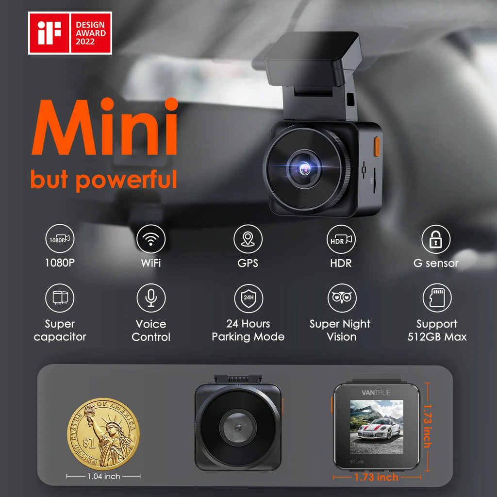 Vantrue E1Lite Dashcam 1080P WiFi Mini Dash Cam with GPS and Speed Voice Control Detachable Dash Camera 24 Hours Parking Mode