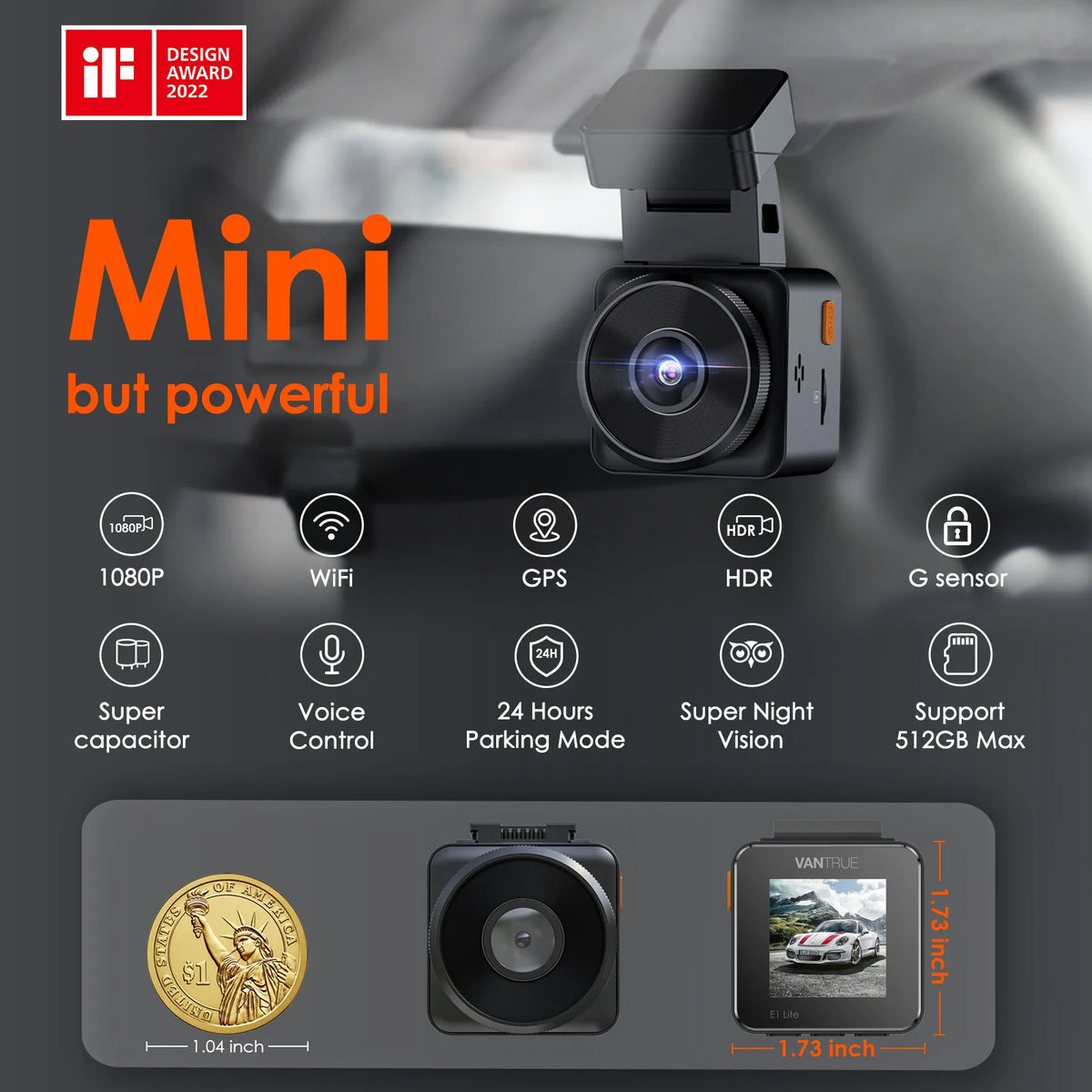 Vantrue E1Lite Dashcam 1080P WiFi Mini Dash Cam with GPS and Speed Voice Control Detachable Dash Camera 24 Hours Parking Mode