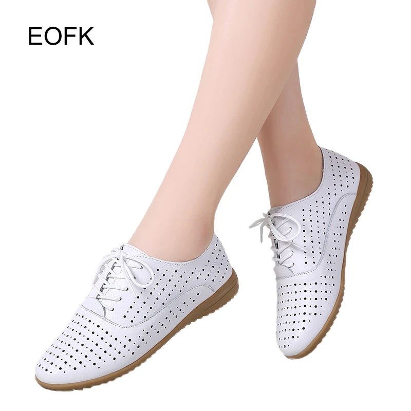 EOFK Spring Autumn Women Oxford Shoes Medical Casual Leather Ballet Flats Lace Up Soft Comfortable Ladies Derbys