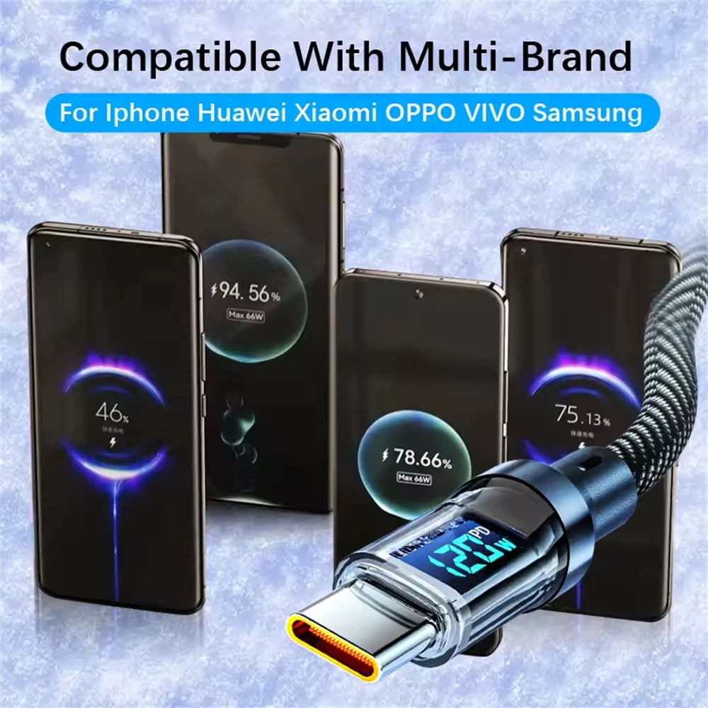 NNBILI 120W USB A to Type C Super Fast Charging Cable Digital Display USB Type C to Type C Data Cable For iPhone Android Phones
