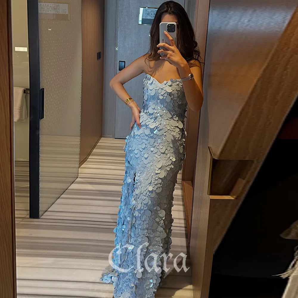 Clara Elegant Sky Blue Sequins Prom Dress Strapless Sweetheart Mermaid Evening Dress With High Side Slit Party Dress Custom