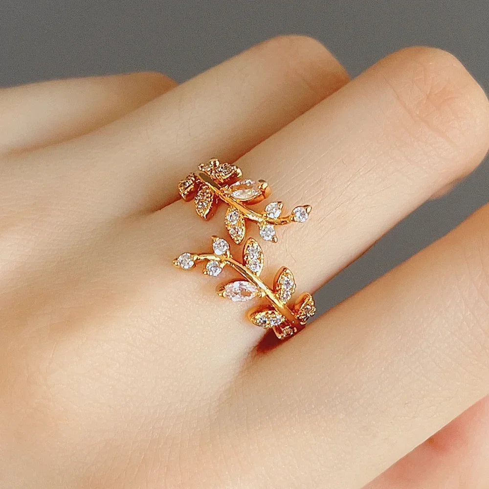 Korean Leaf Design Opening Rings For Women Sparkling Cubic Zirconia CZ Adjustable Ring Party Daily Wear Fashion Jewelry Gift