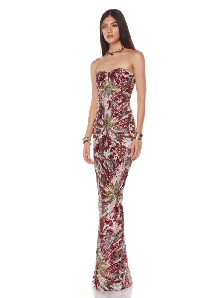 Sexy Strapless Multi Sequin Embroidery Long Dress Women Sleeveless Backless Luxury Sequined Slim Dresses Evening Party Gowns