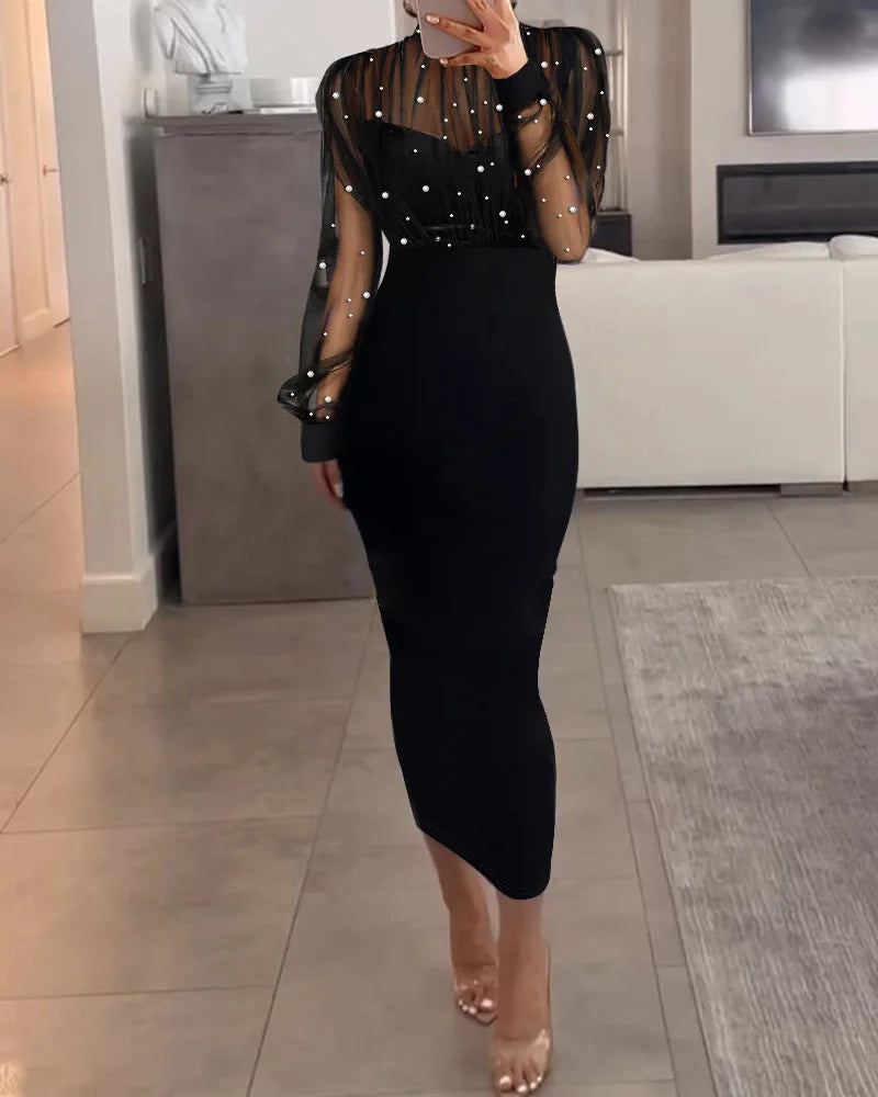 Women Mesh Pearl Splice Long Dress Full Sleeve Slim Fit Wrap Hip Dresses Y2k Sheath Evening Vestidos Sexy Elegant High Waist