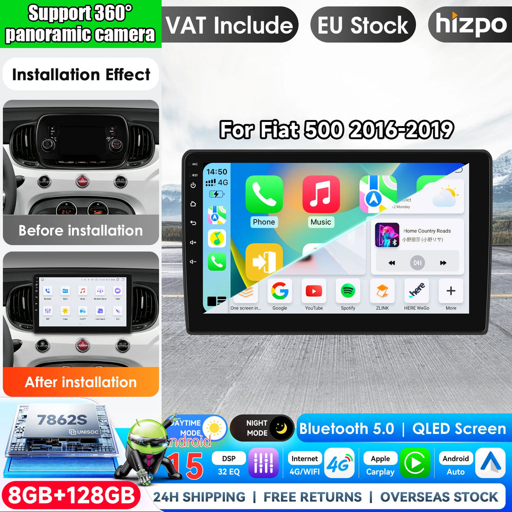 Hizpo 9 inch Wireless CarPlay Android Auto Car Radio for Fiat 500 2016 2017 2018 2019 Multimedia Wireless Apple CarPlay Smart Intelligent Systems IPS Touch Screen Stereo Video Player 2 Din Autoradio Head Unit Navigation BT GP