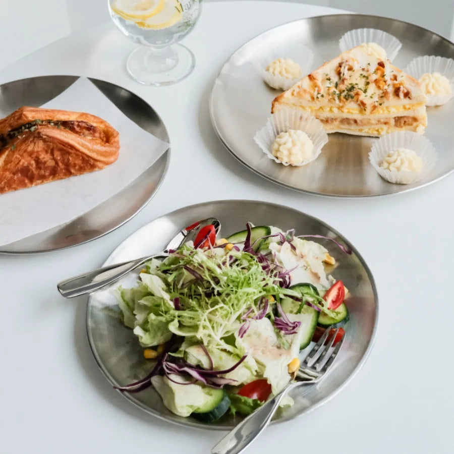4pcs Stainless Steel Silver Plates, Korean Style Grilled Meat Plates, Household Circular Trays, Bone Plates, Cake Plates