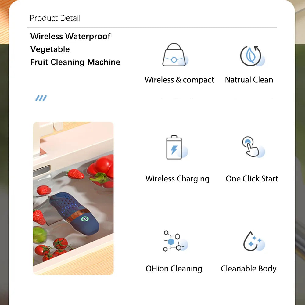Vegetable and Fruit Cleaning Machine, Fruit and Vegetable Washer, Fruit Cleaner, Fruit Purifier, Waterproof Fruit Cleaning Device Using Oh Ion Purification Technology, 250 Minutes of Working Time and Wireless Charging, for Cl