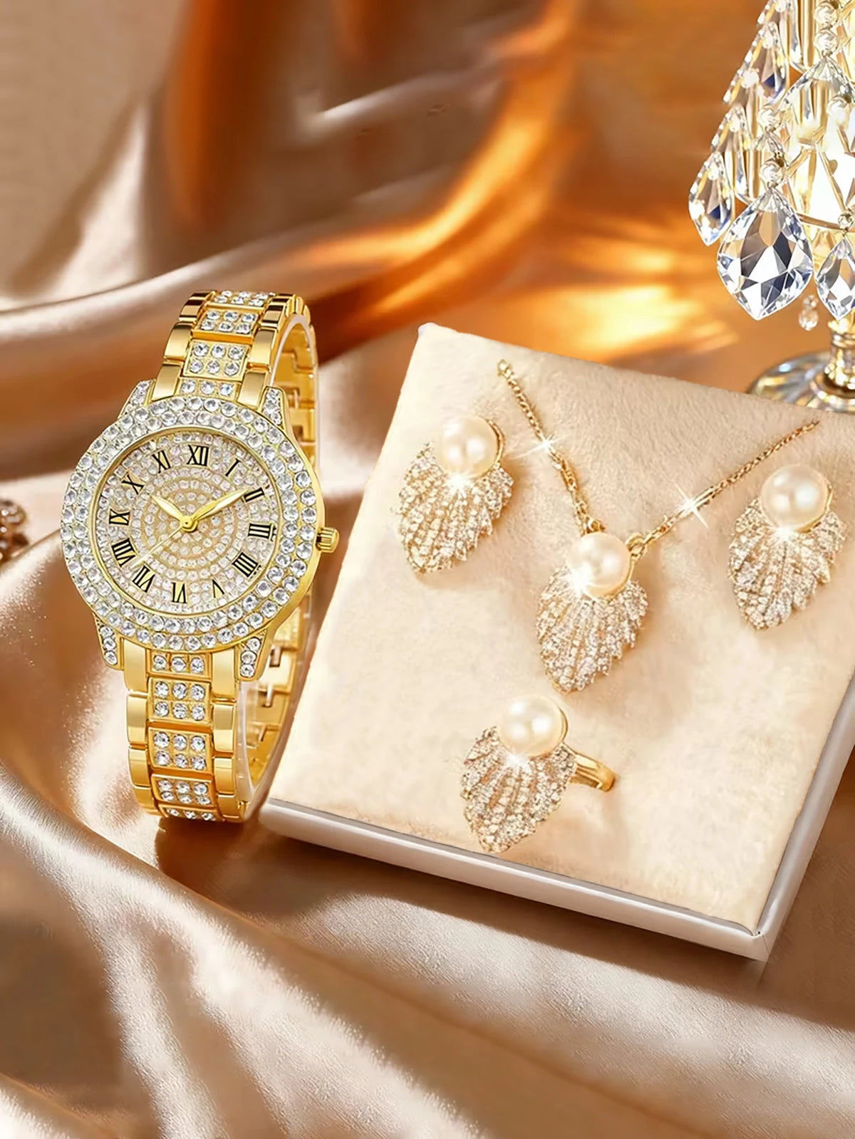 Luxurious Fashion Ladies round Shell Quartz Watch Set with Feathers Shaped Embedded Jewelry Accessory Ideal Gift